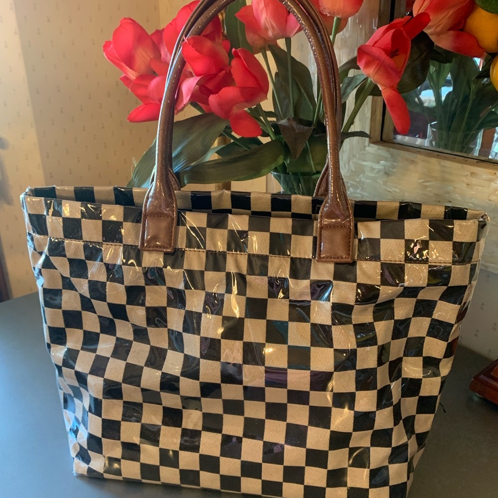 Checkerboard GLOSS tote bag, BLACK and TAN, waterproof PVC coating. - Picture 5 of 11